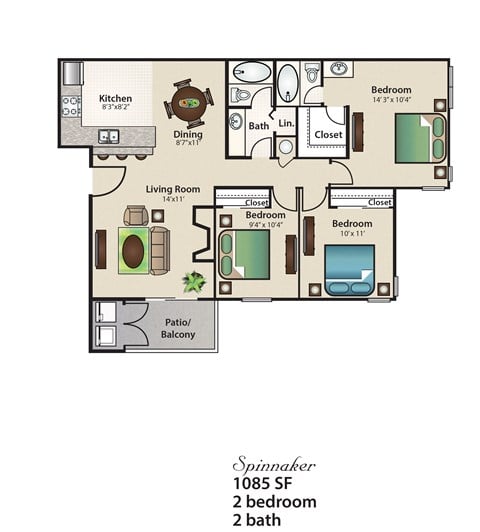 Floor plan for 3 beds, 2 baths, 1085 sqft